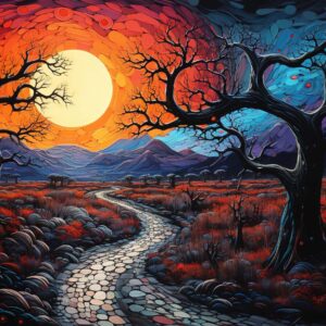 winding path celestial orb art print with gnarled trees under fiery blue sky