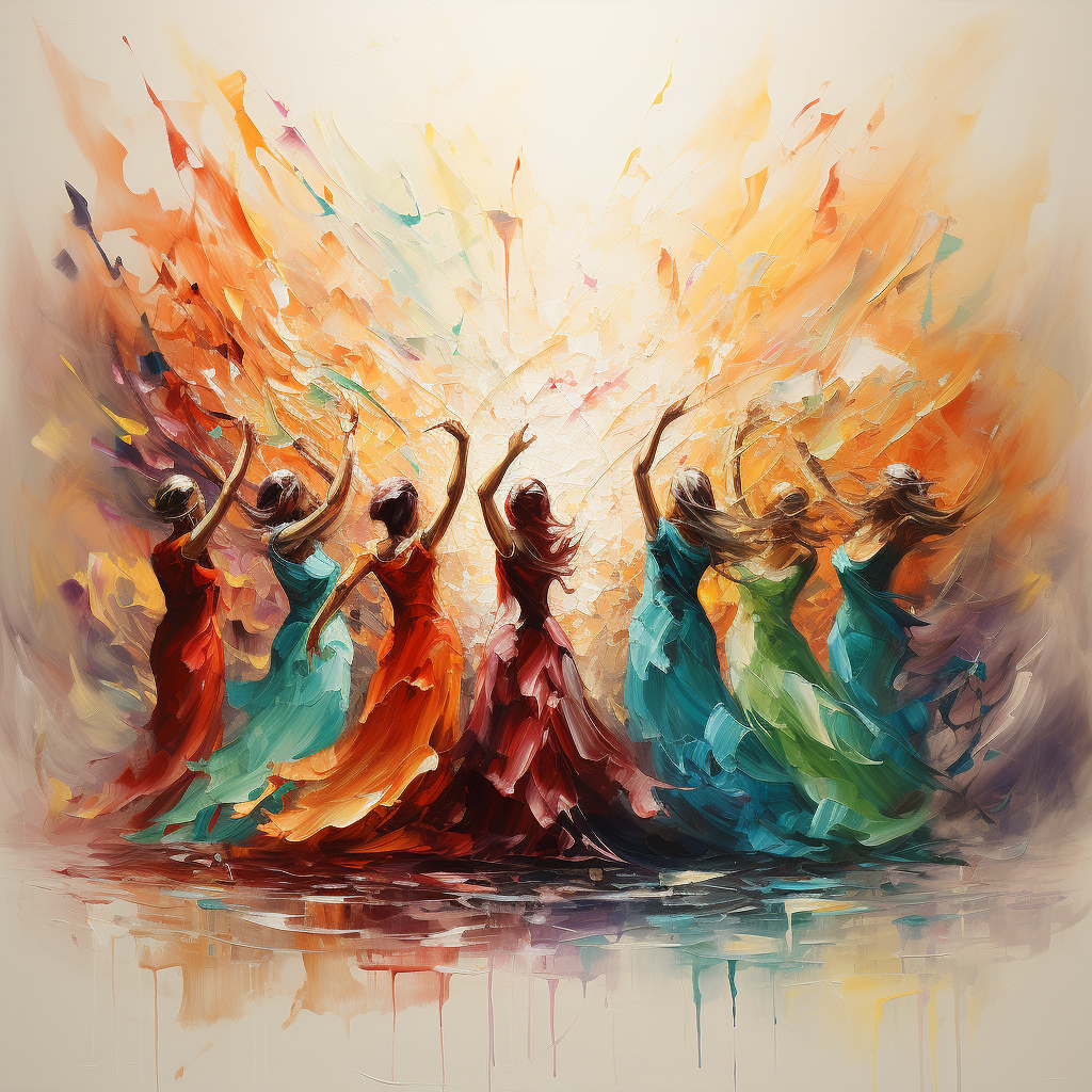 Female dancers colourful dresses art print showing raised arms in vibrant light