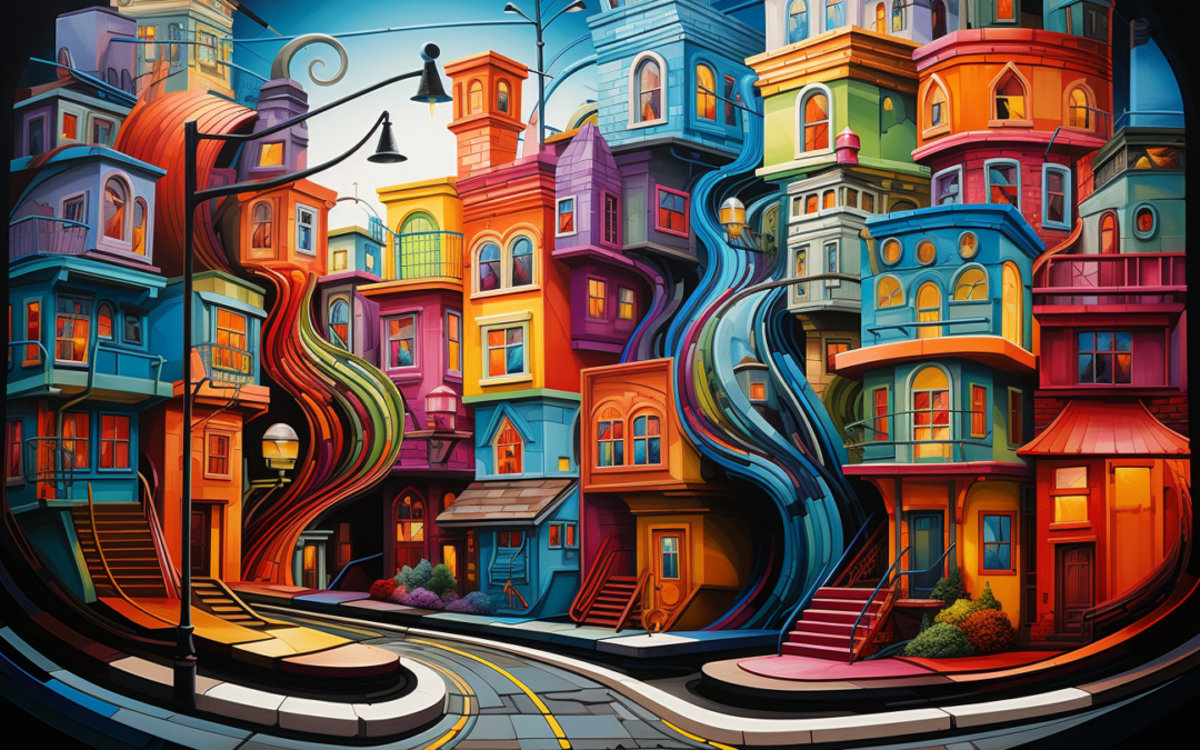 A whimsical city street alive with flowing, multicoloured architecture and glowing windows.