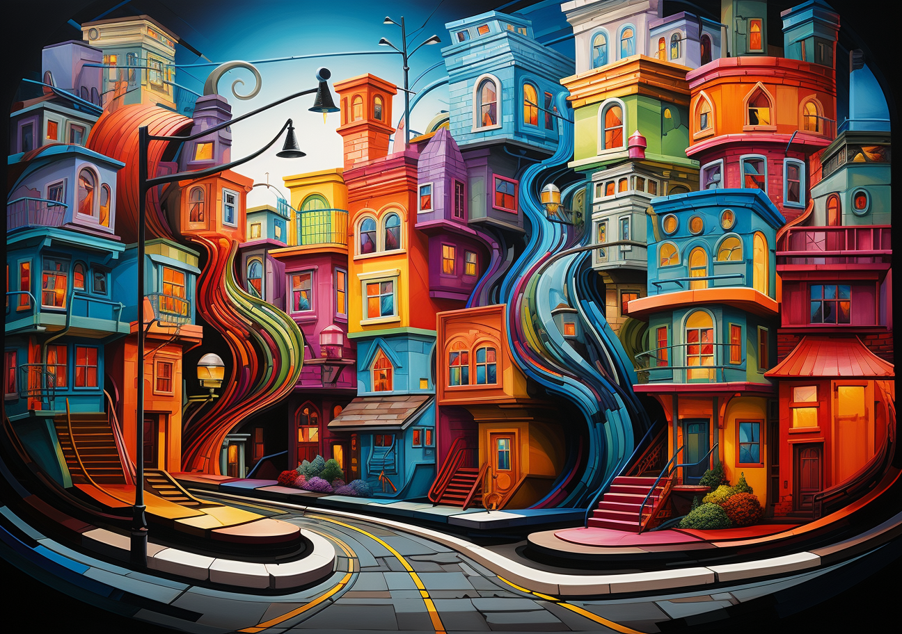 A whimsical city street alive with flowing, multicoloured architecture and glowing windows.