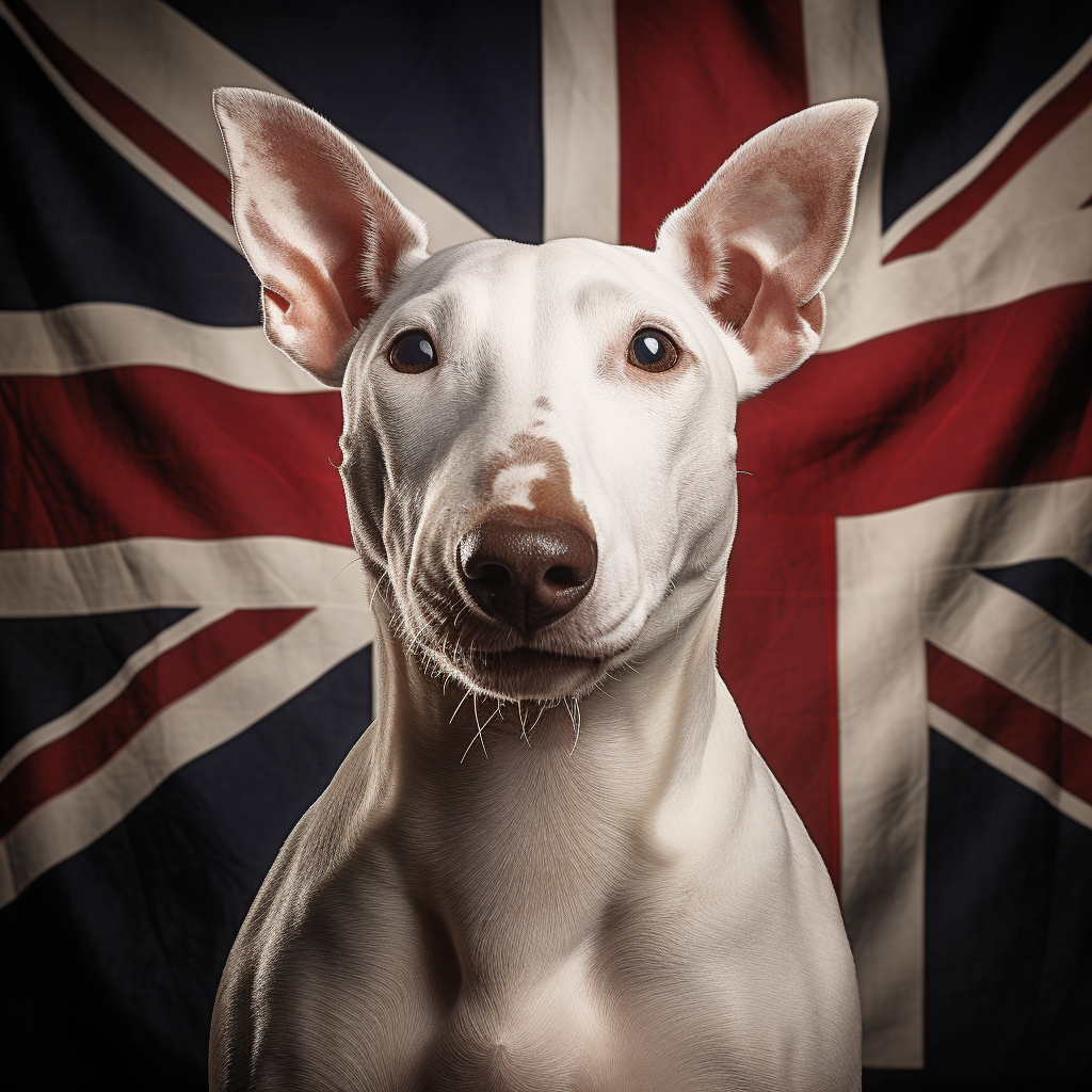 A noble white hound poses before the Union Jack in a cinematic portrait of British pride.