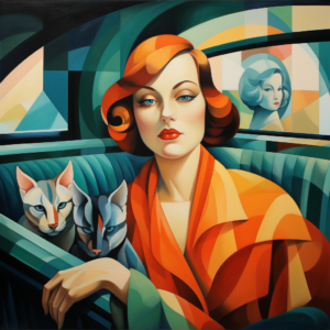 Art deco tangerine muse art print of elegant woman with two stylised cats