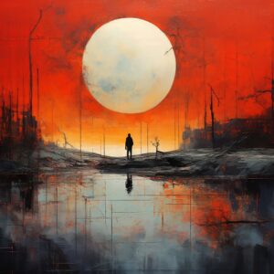 Lone figure crimson sky art print of a silhouette beneath a vast pale orb