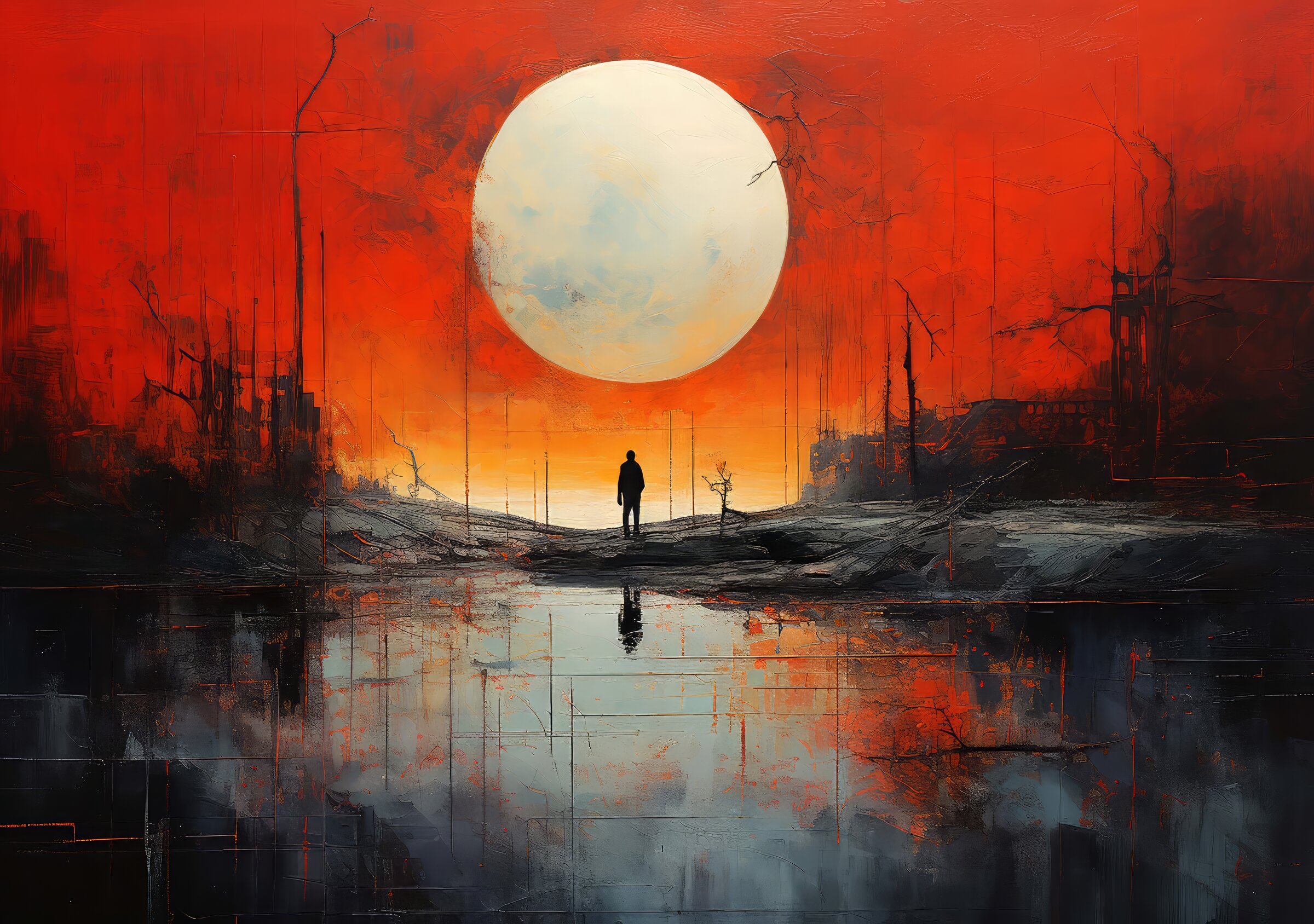 Lone figure crimson moon art print with silhouette under pale orb in red sky
