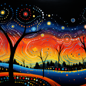 Bare trees fiery cosmic sky art print with black silhouettes and swirling orange stars