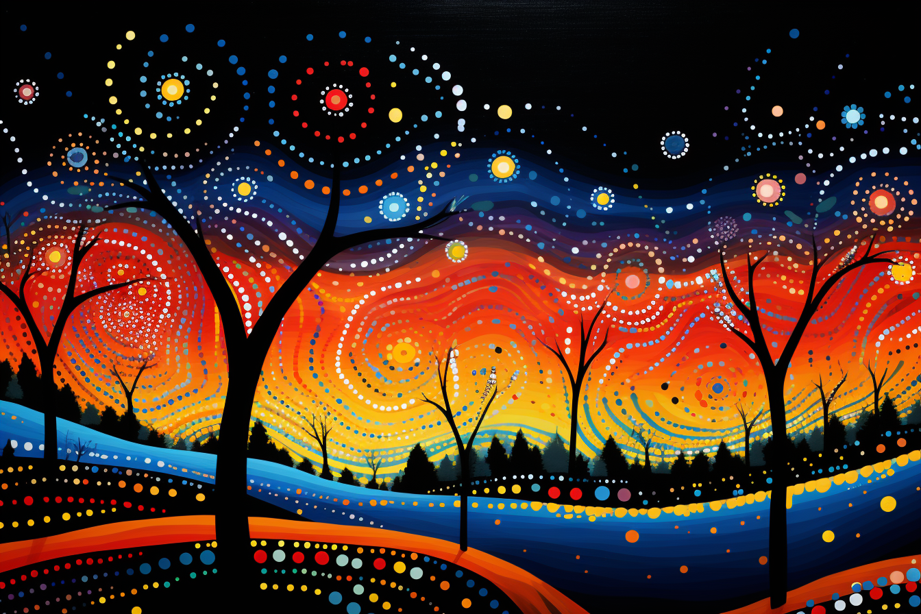Bare trees fiery cosmic sky art print with black silhouettes and swirling orange stars