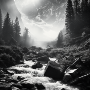 Black and white mountain cascade art print of alpine gorge with sunbeams and pines