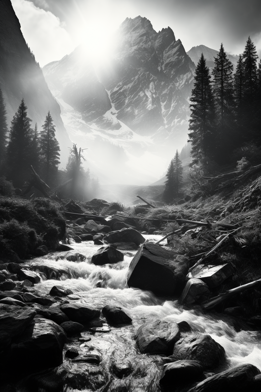 Black and white mountain cascade art print of alpine gorge with sunbeams and pines