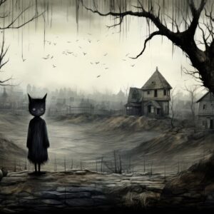 black cat figure misty landscape art print with bare trees and distant houses