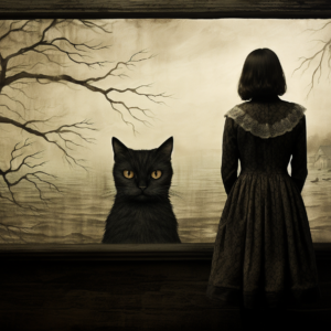 Black cat golden eyes art print showing black cat and girl at wooden window