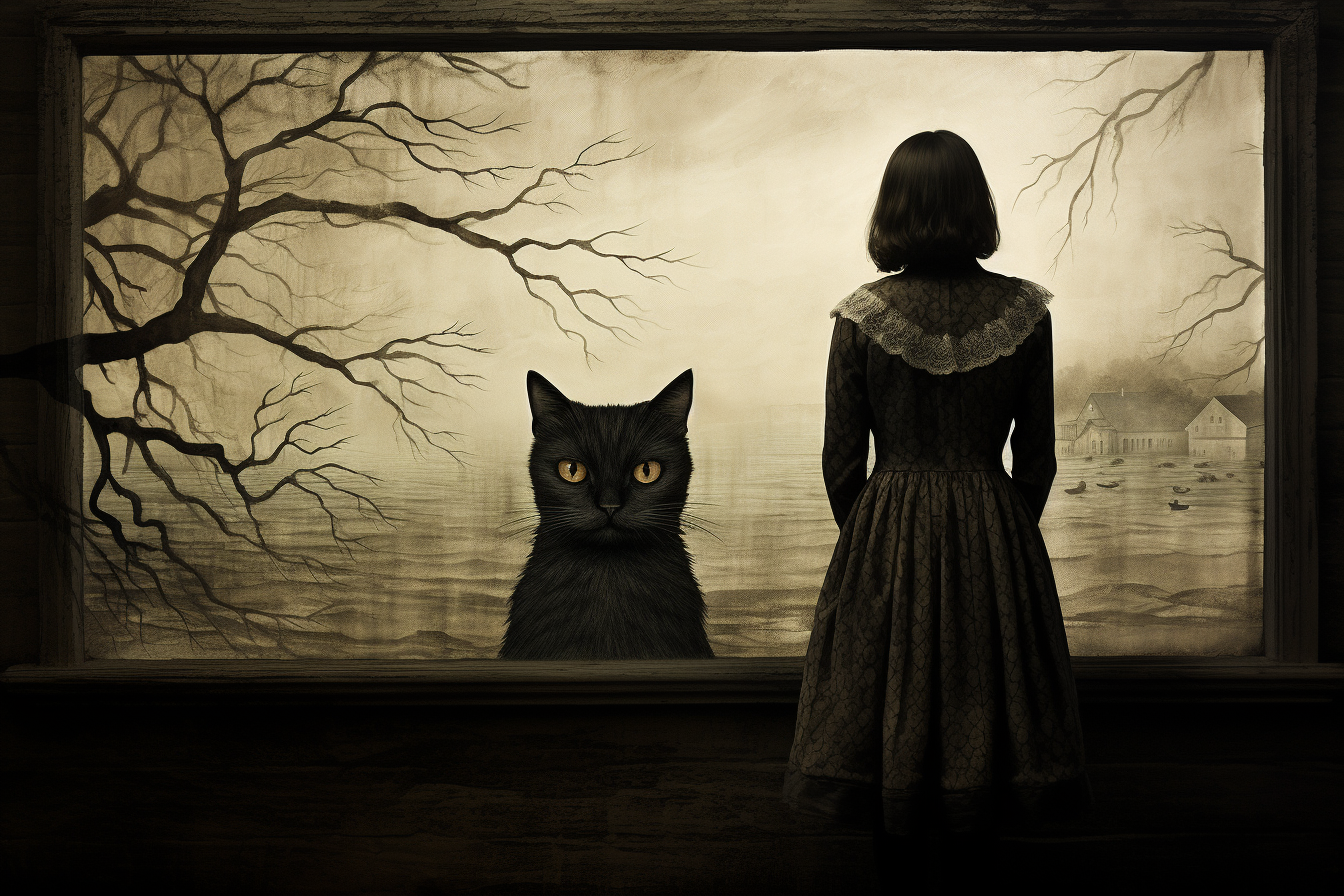 Black cat golden eyes art print showing black cat and girl at wooden window