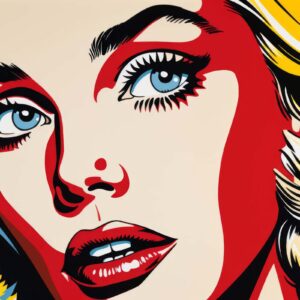 Pop art style blonde woman blue eyes art print with red lips and yellow hair
