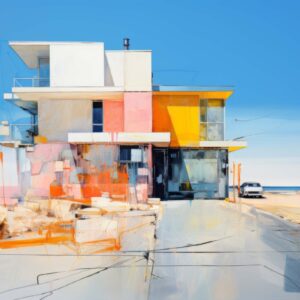 Vibrant abstract beach house art print of colourful crooked modern home by ocean