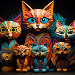 Colourful cat family art print with five vibrant alebrije-style cats