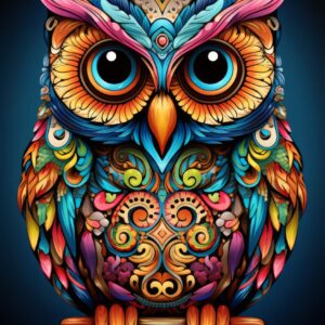 Colourful ornate owl art print with vivid blue eyes and multicoloured feathers