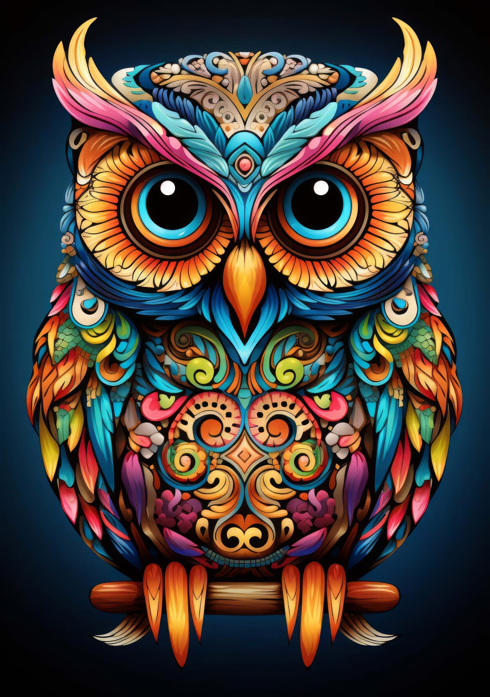 Colourful ornate owl art print with vivid blue eyes and multicoloured feathers
