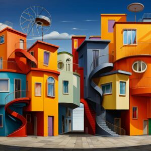 Colourful spiral staircase buildings art print of stacked orange blue yellow towers