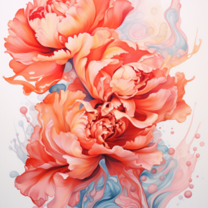 Coral peony cascade art print showing luminous blooms with fluid blue mists