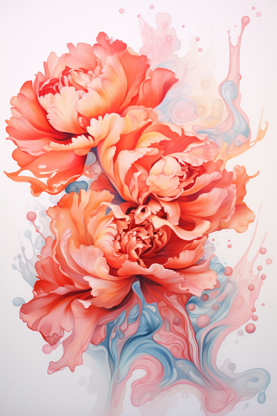 Coral peony cascade art print showing luminous blooms with fluid blue mists