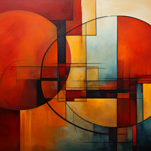 Crimson overlapping orbs art print with geometric forms in deep red and gold