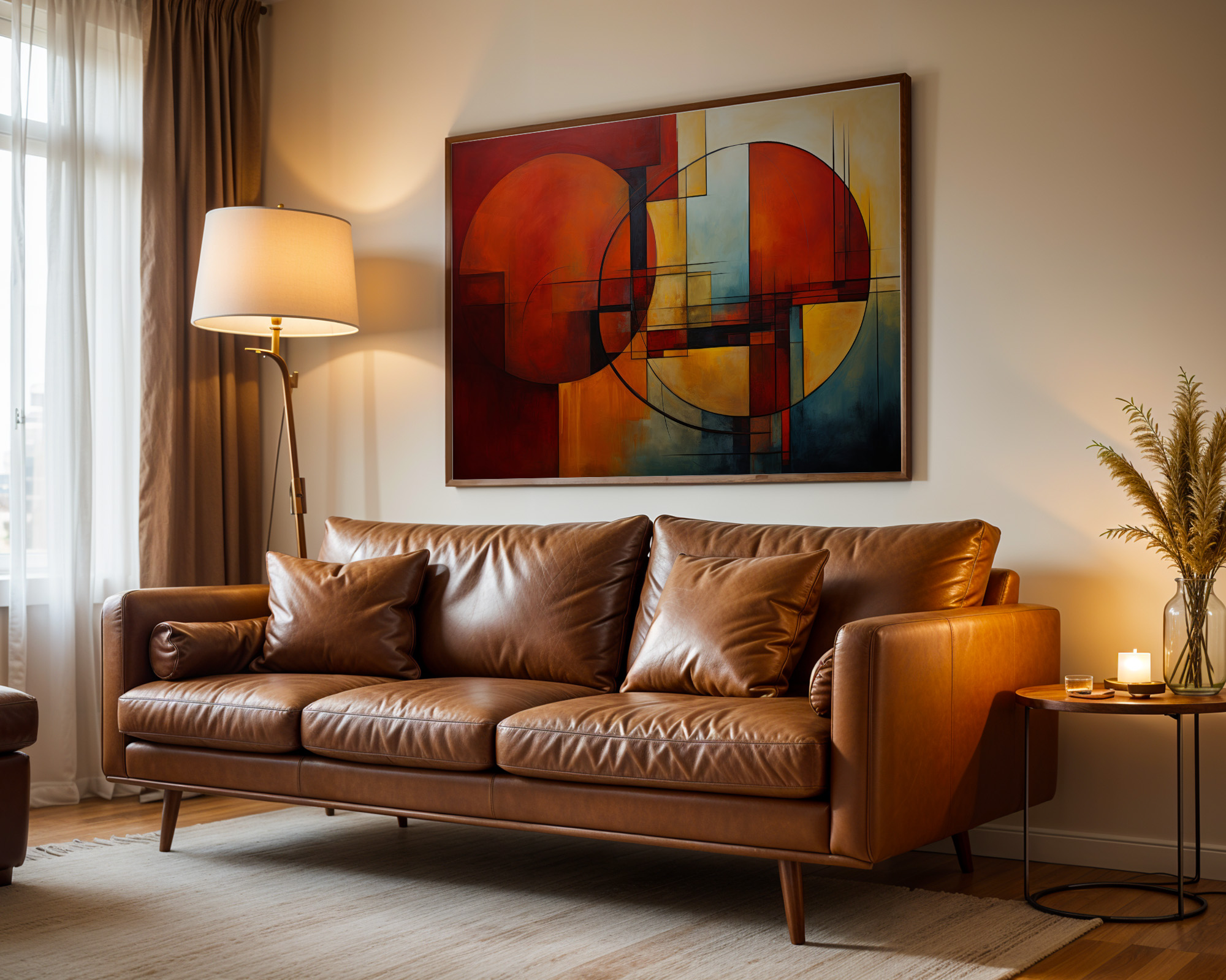 Crimson Orbits Geometric Abstract Print - room mockup