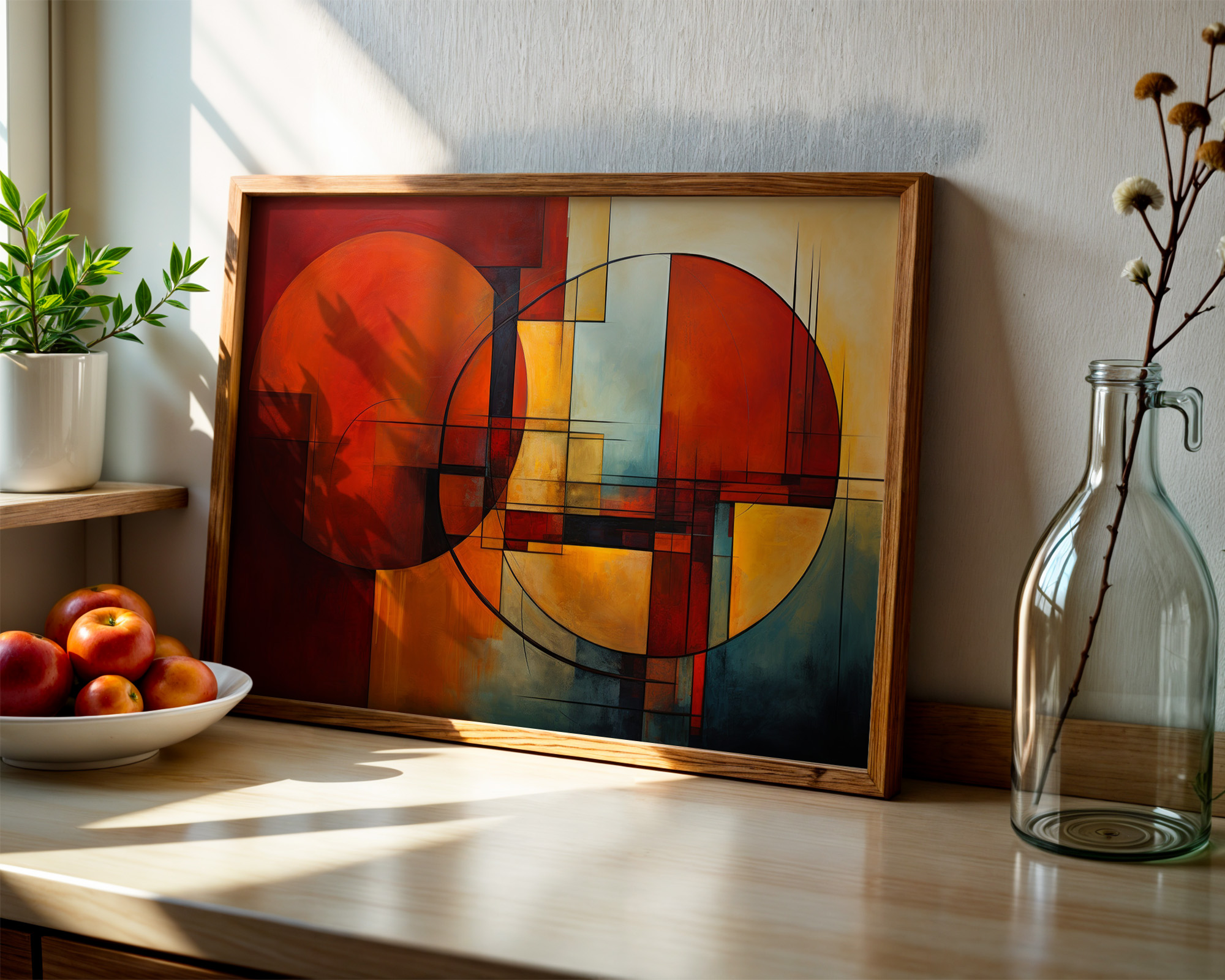 Crimson Orbits Geometric Abstract Print - room mockup