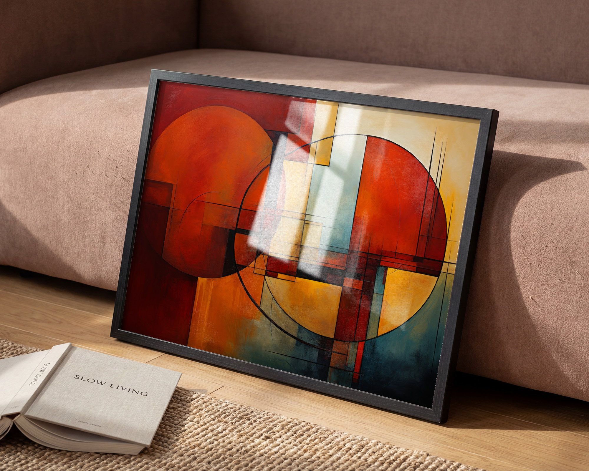 Crimson Orbits Geometric Abstract Print - room mockup