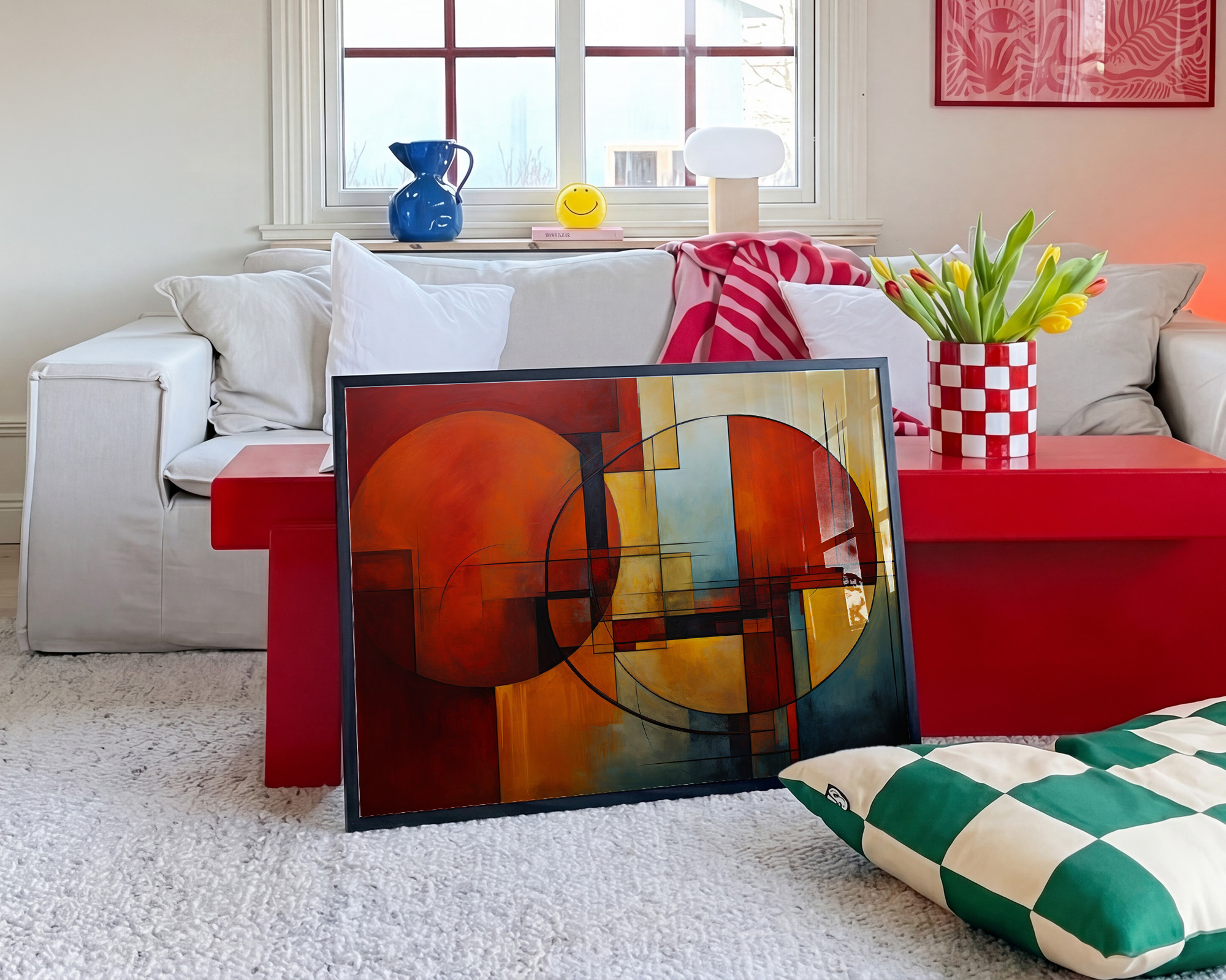 Crimson Orbits Geometric Abstract Print - room mockup