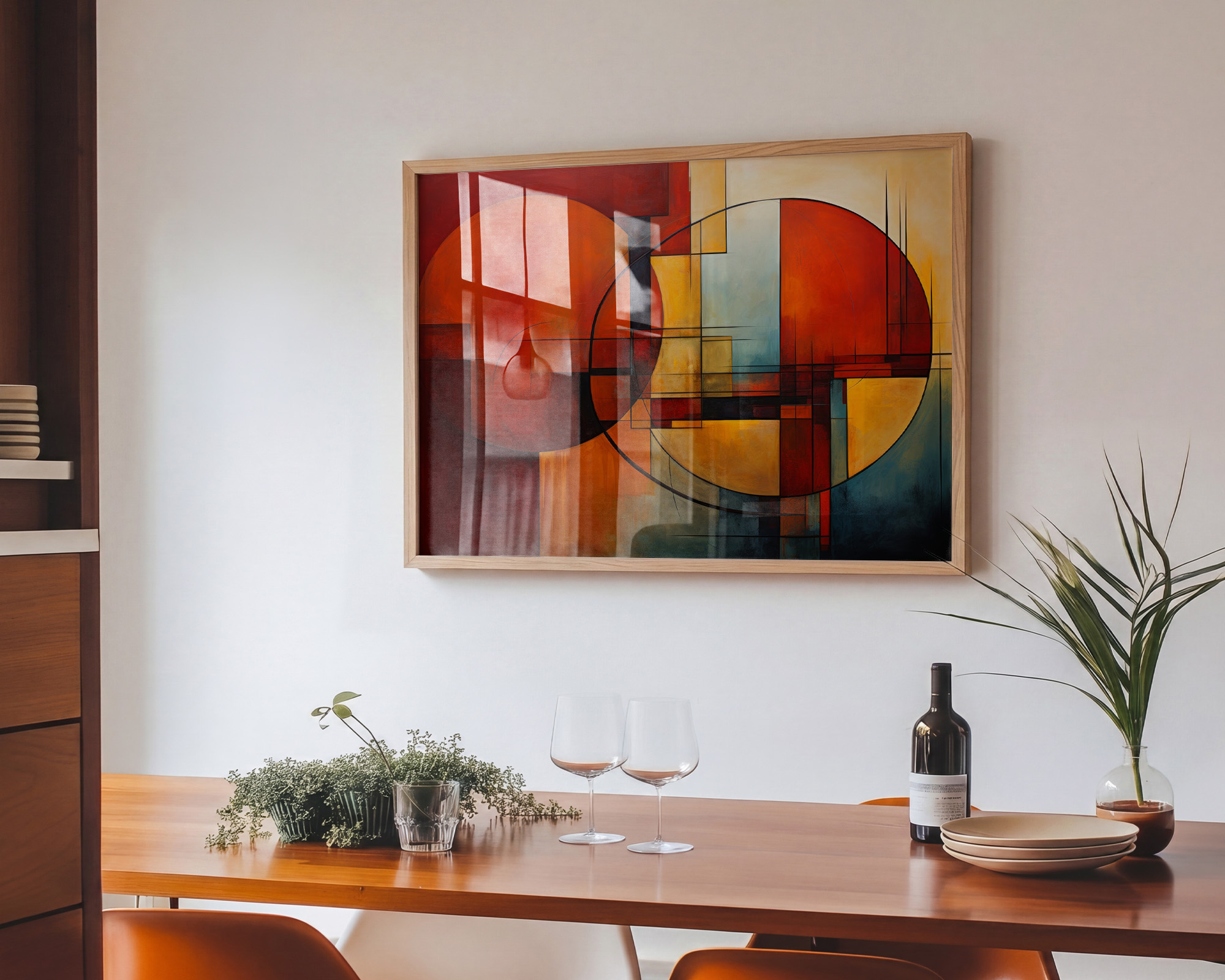 Crimson Orbits Geometric Abstract Print - room mockup