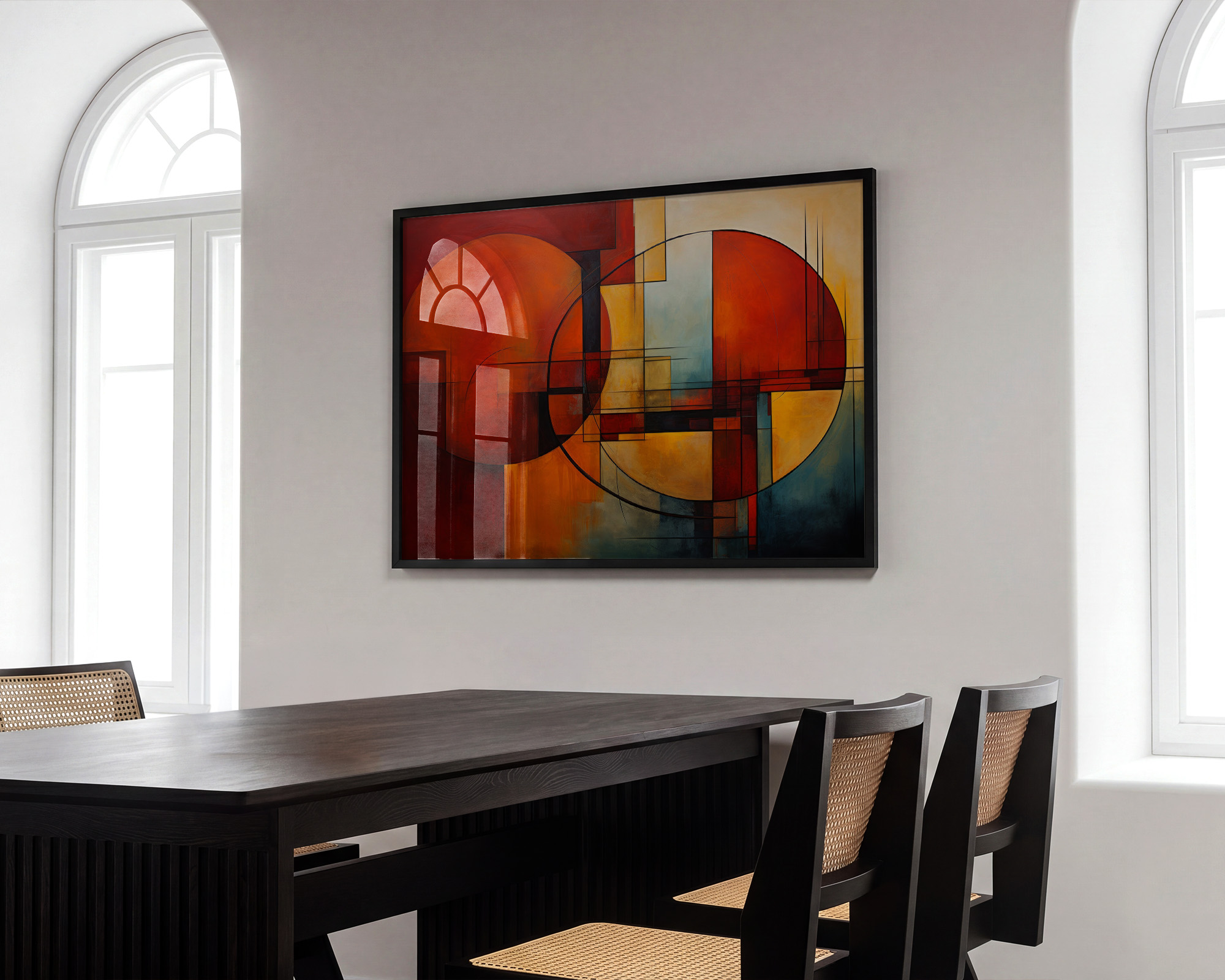 Crimson Orbits Geometric Abstract Print - room mockup