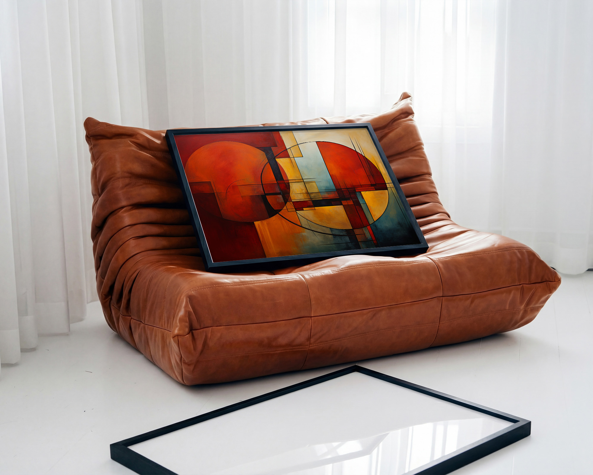 Crimson Orbits Geometric Abstract Print - room mockup