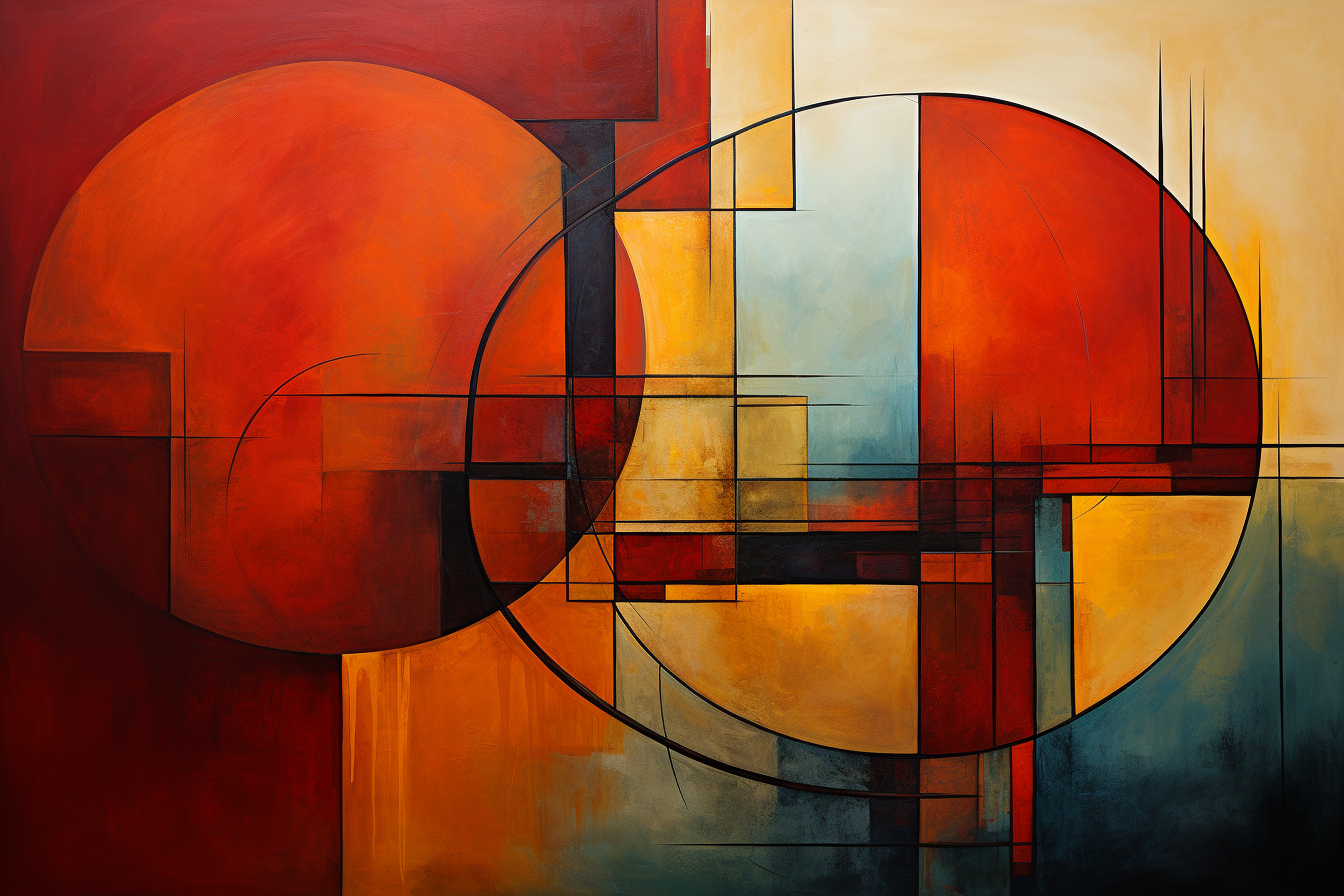 Crimson overlapping orbs art print with geometric forms in deep red and gold