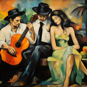 Cubist musicians orange guitar art print of gentlemen serenading muse in green dress