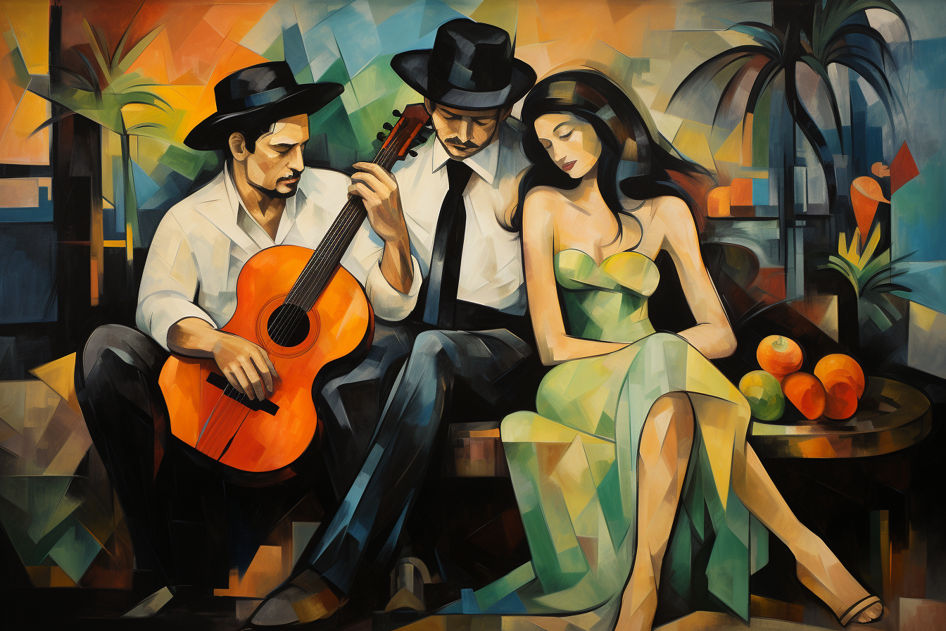 Cubist musicians orange guitar art print of gentlemen serenading muse in green dress