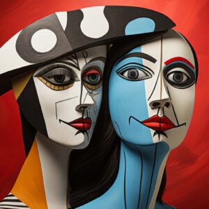 Dual faces cubist red art print with Picasso-style faces and black white hat on red background