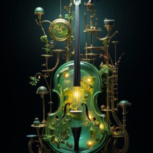 Translucent emerald glass cello art print with glowing plants vines and ornate brass metalwork