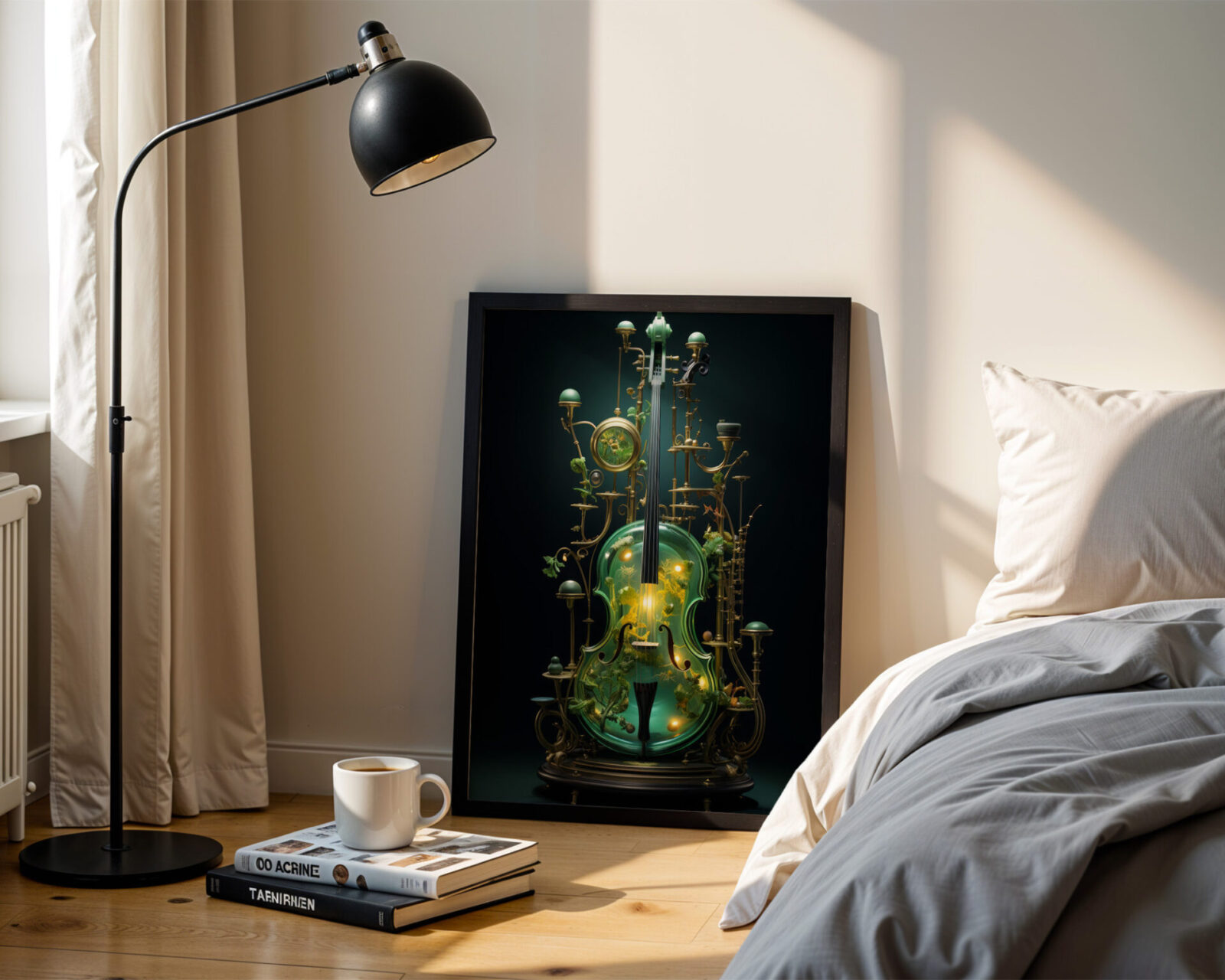 Emerald Resonance Glass Cello Art Print - room mockup