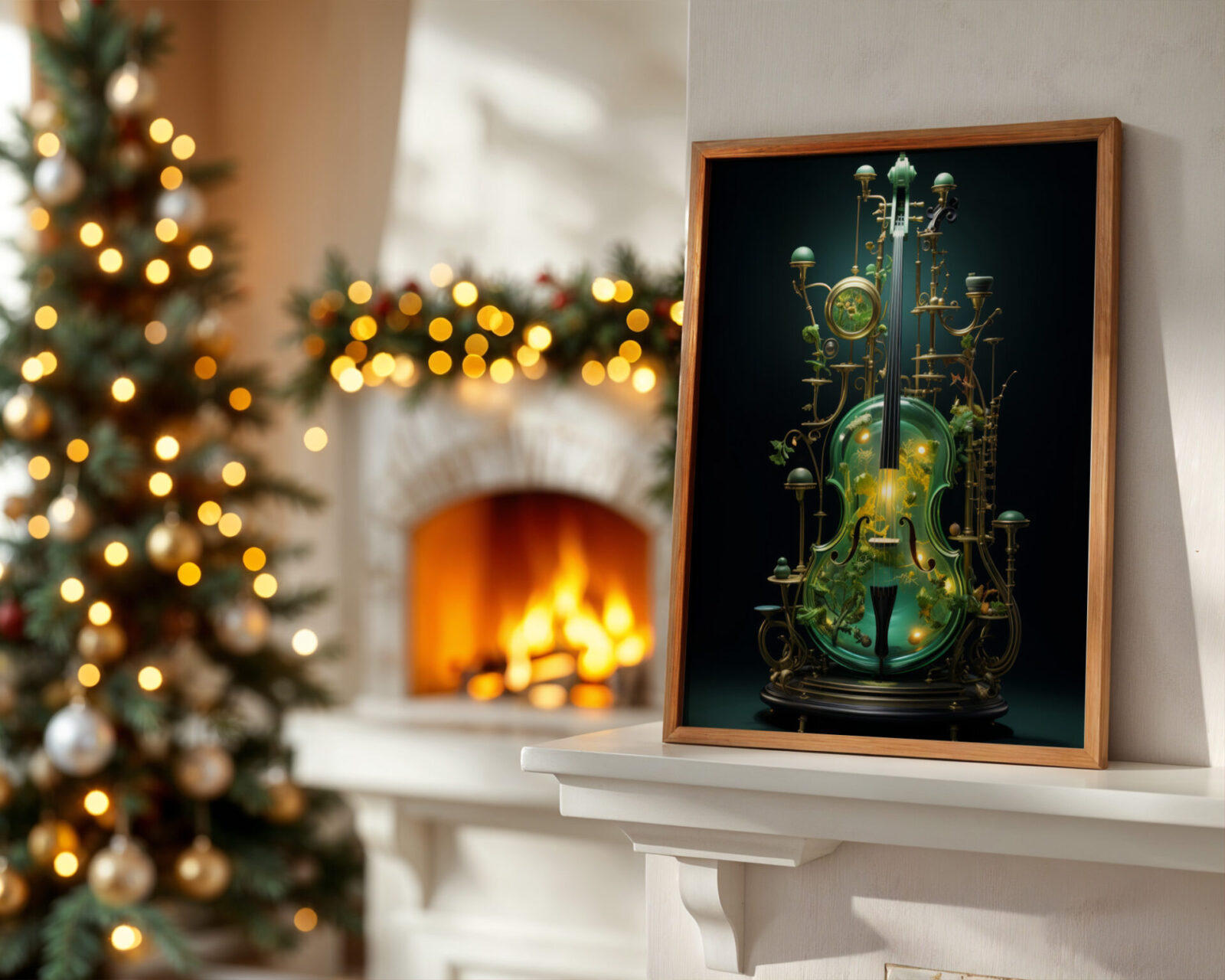 Emerald Resonance Glass Cello Art Print - room mockup