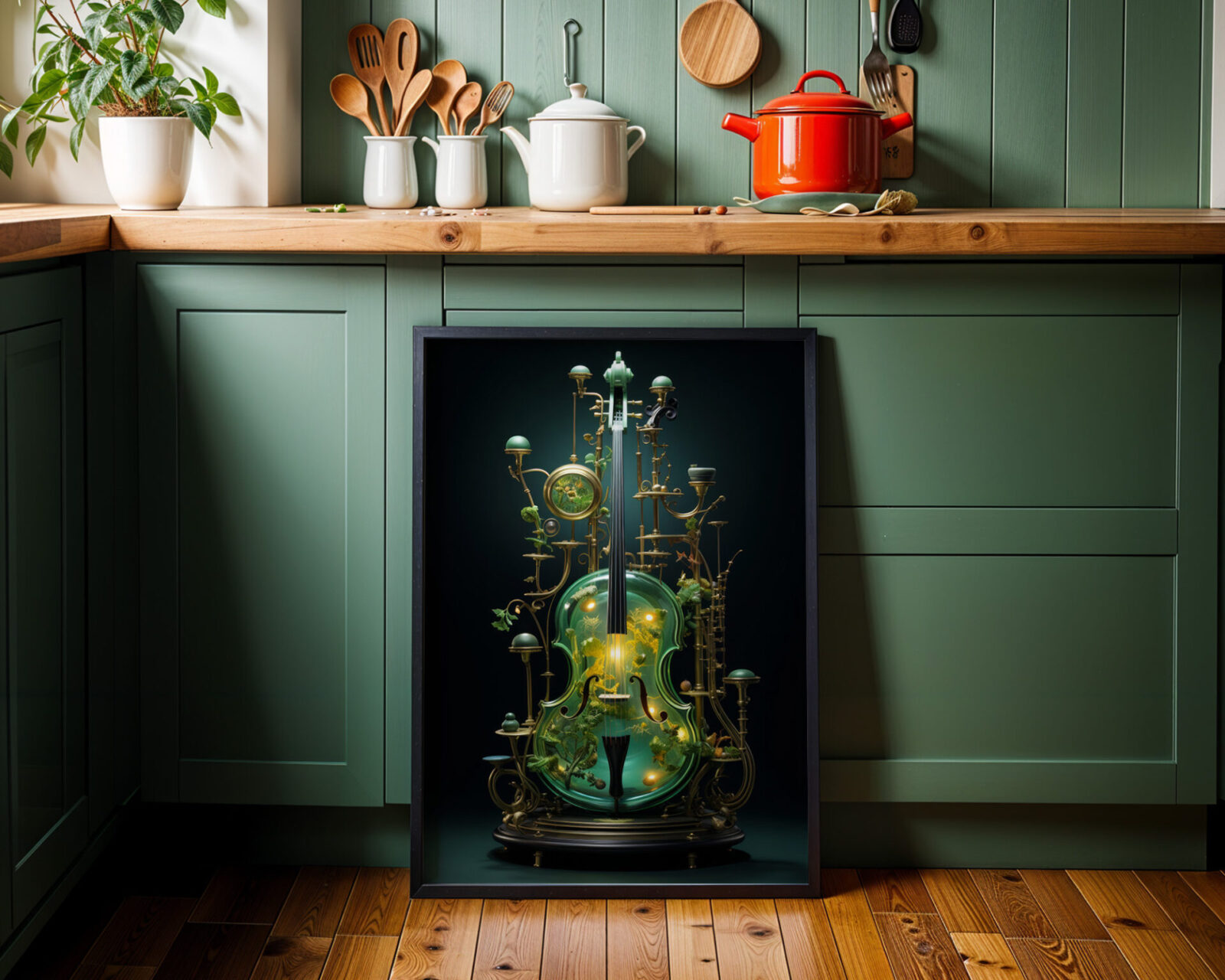 Emerald Resonance Glass Cello Art Print - room mockup