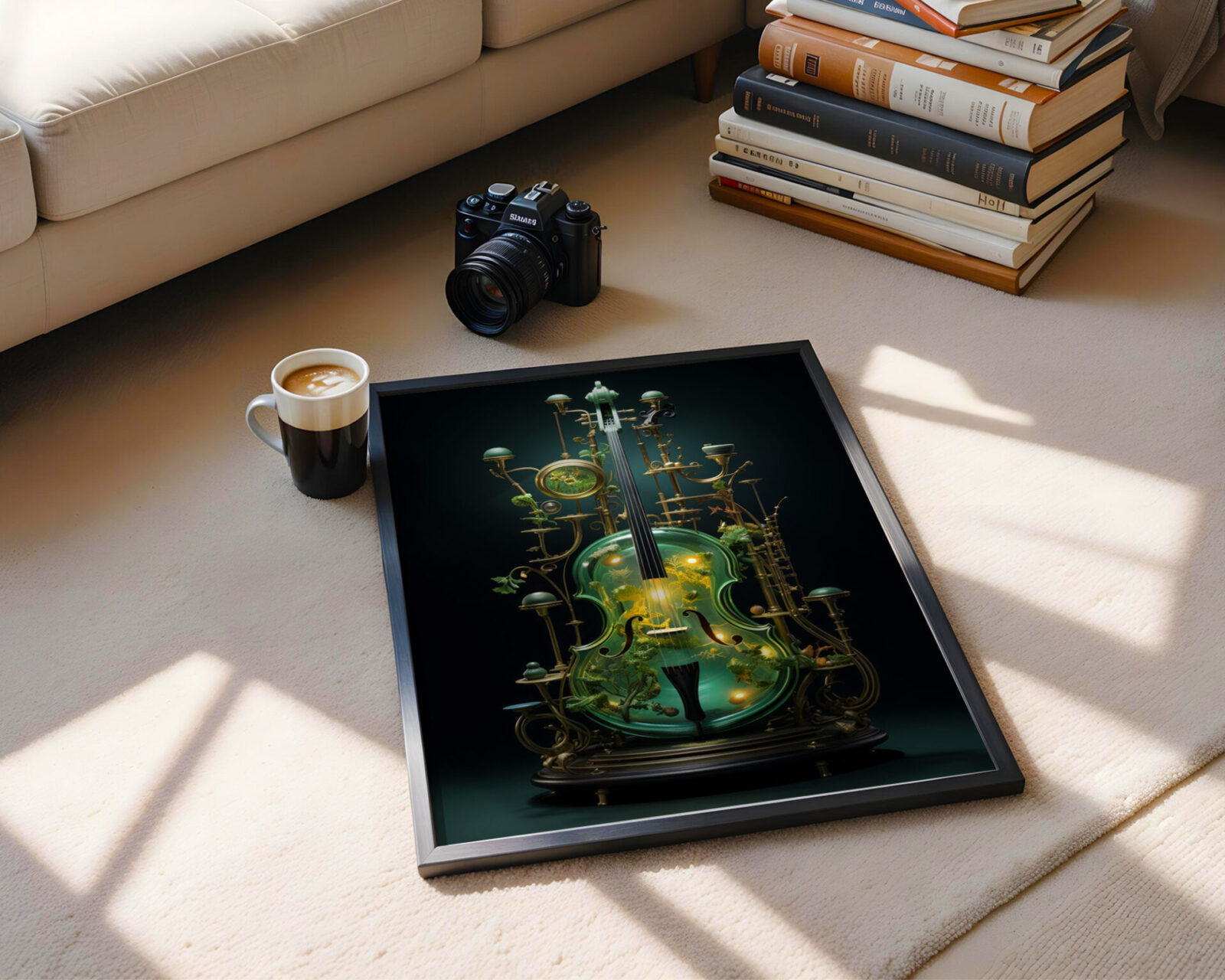 Emerald Resonance Glass Cello Art Print - room mockup