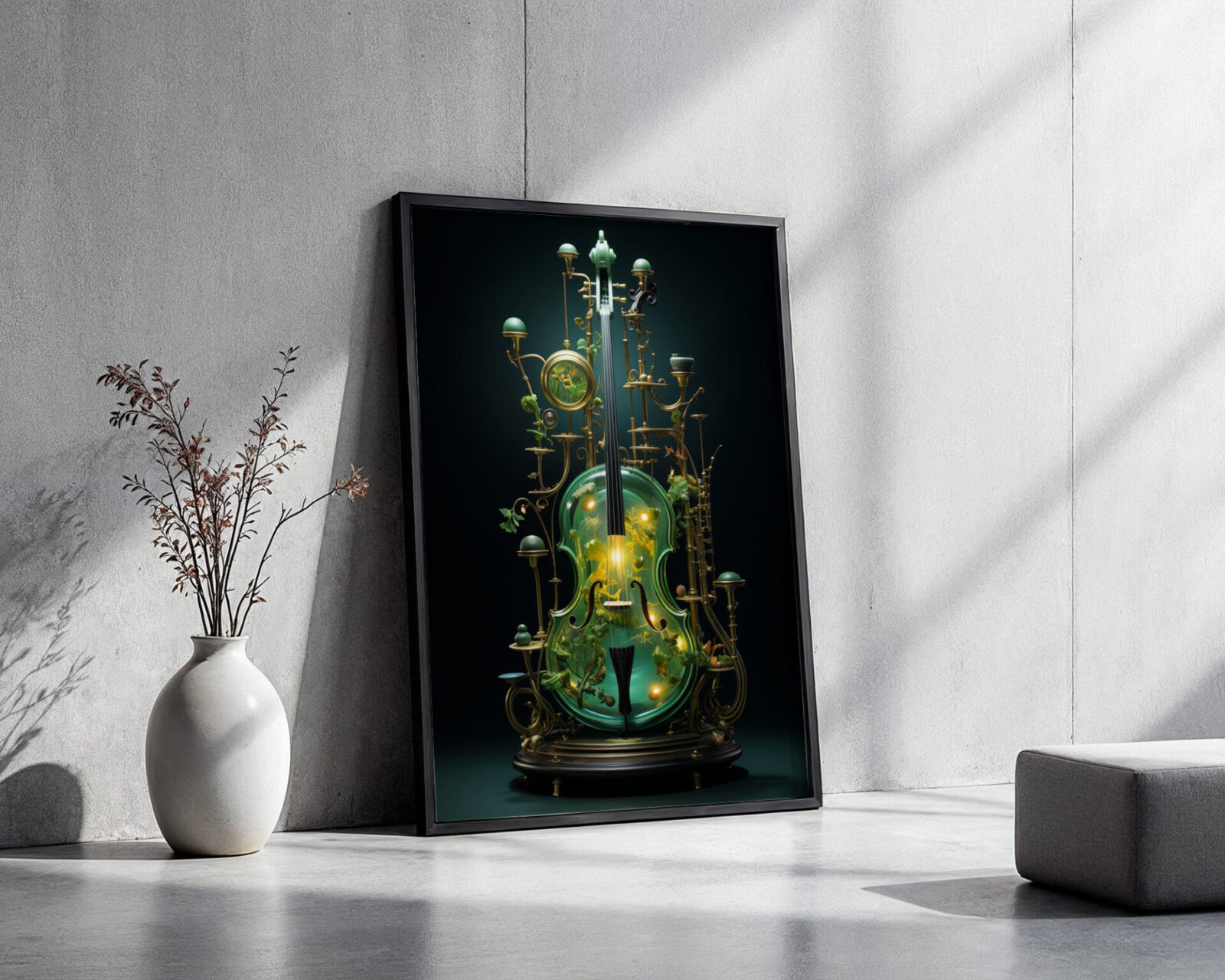 Emerald Resonance Glass Cello Art Print - room mockup