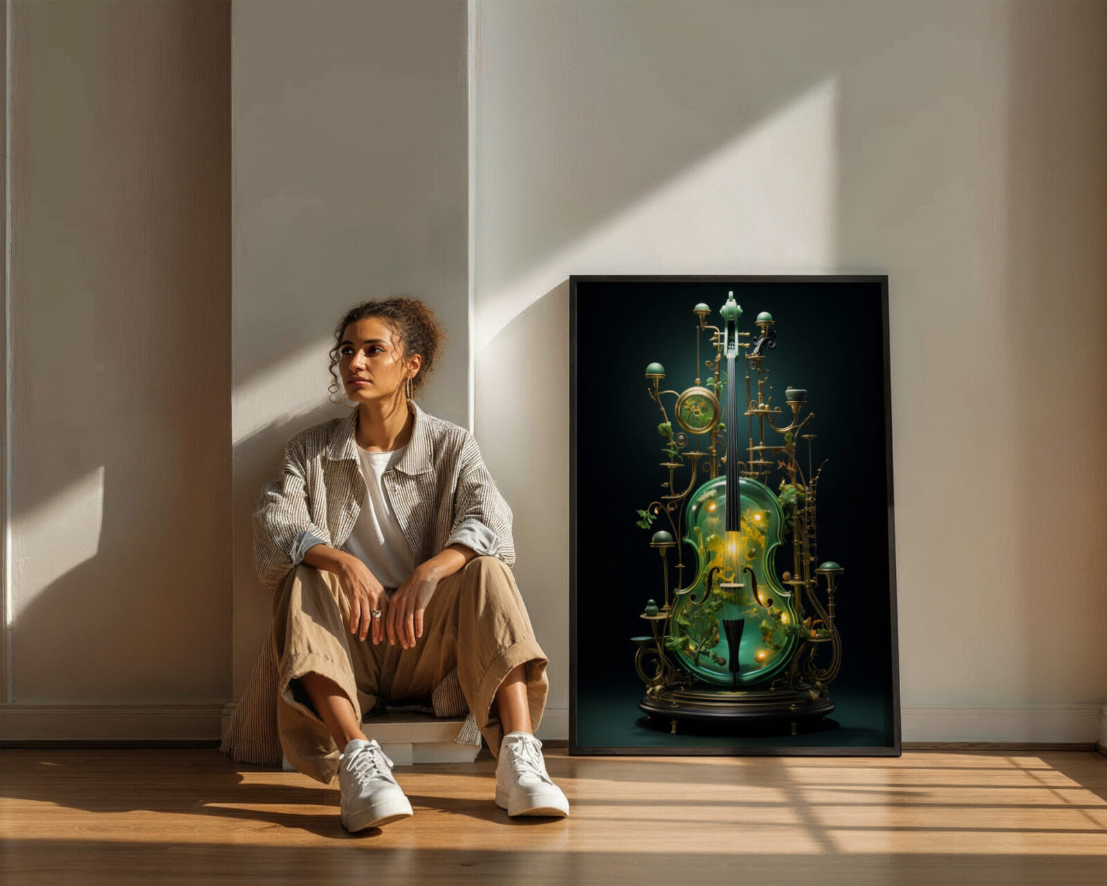 Emerald Resonance Glass Cello Art Print - room mockup