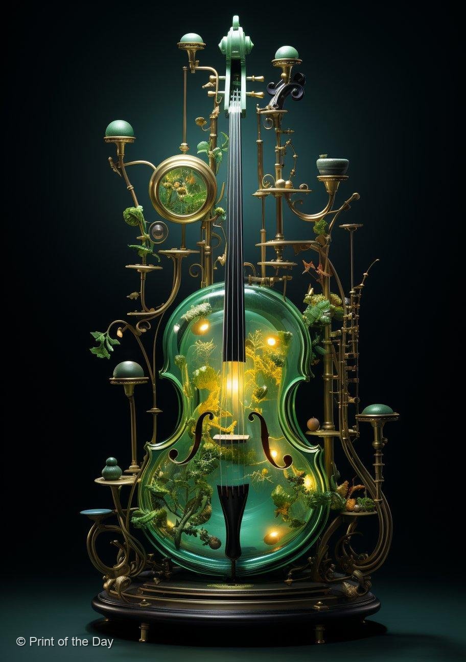 Translucent emerald glass cello art print with glowing plants vines and ornate brass metalwork