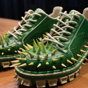 Emerald spiked oxford shoes art print of green glossy footwear with yellow spikes on wood