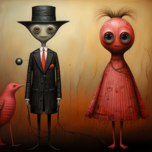 Surreal gentleman crimson muse art print with top hat figure red bird and muse