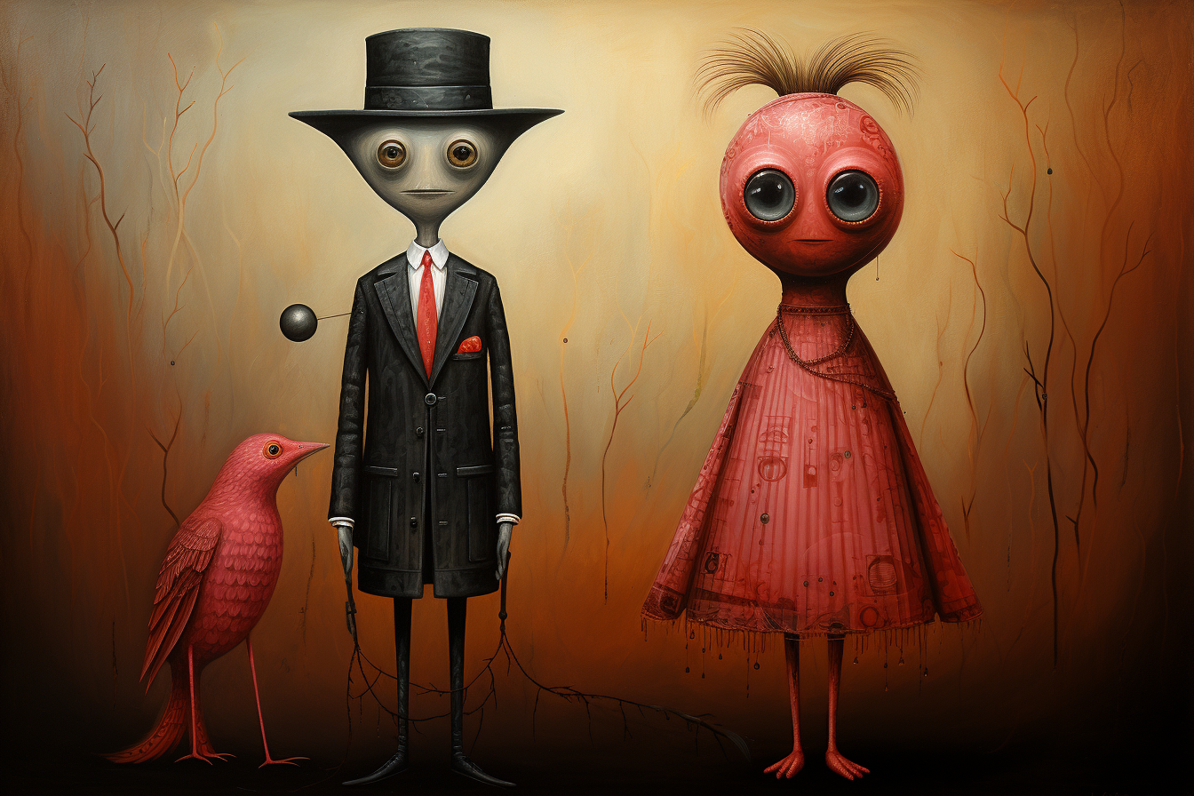 Surreal gentleman crimson muse art print with top hat figure red bird and muse