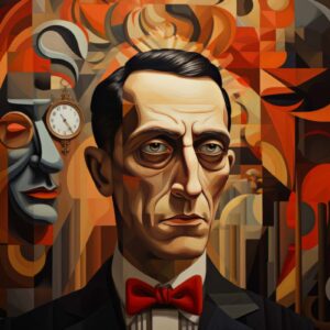 Gentleman red bow tie art print with grey mask pocket watch and geometric forms