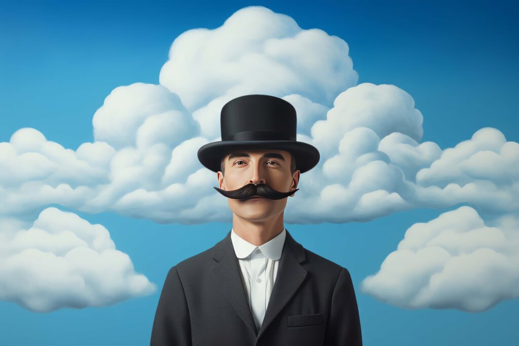 gentleman-top-hat-clouds-art-print Gentleman top hat clouds art print of poised man against blue sky