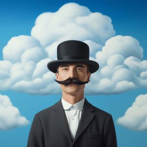Gentleman top hat clouds art print of man in black hat and moustache against blue sky