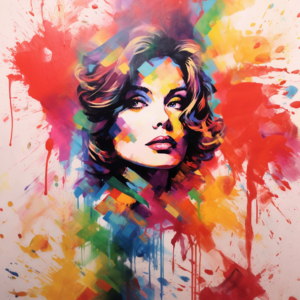 Geometric mosaic woman portrait art print with glamorous upward gaze and paint explosion